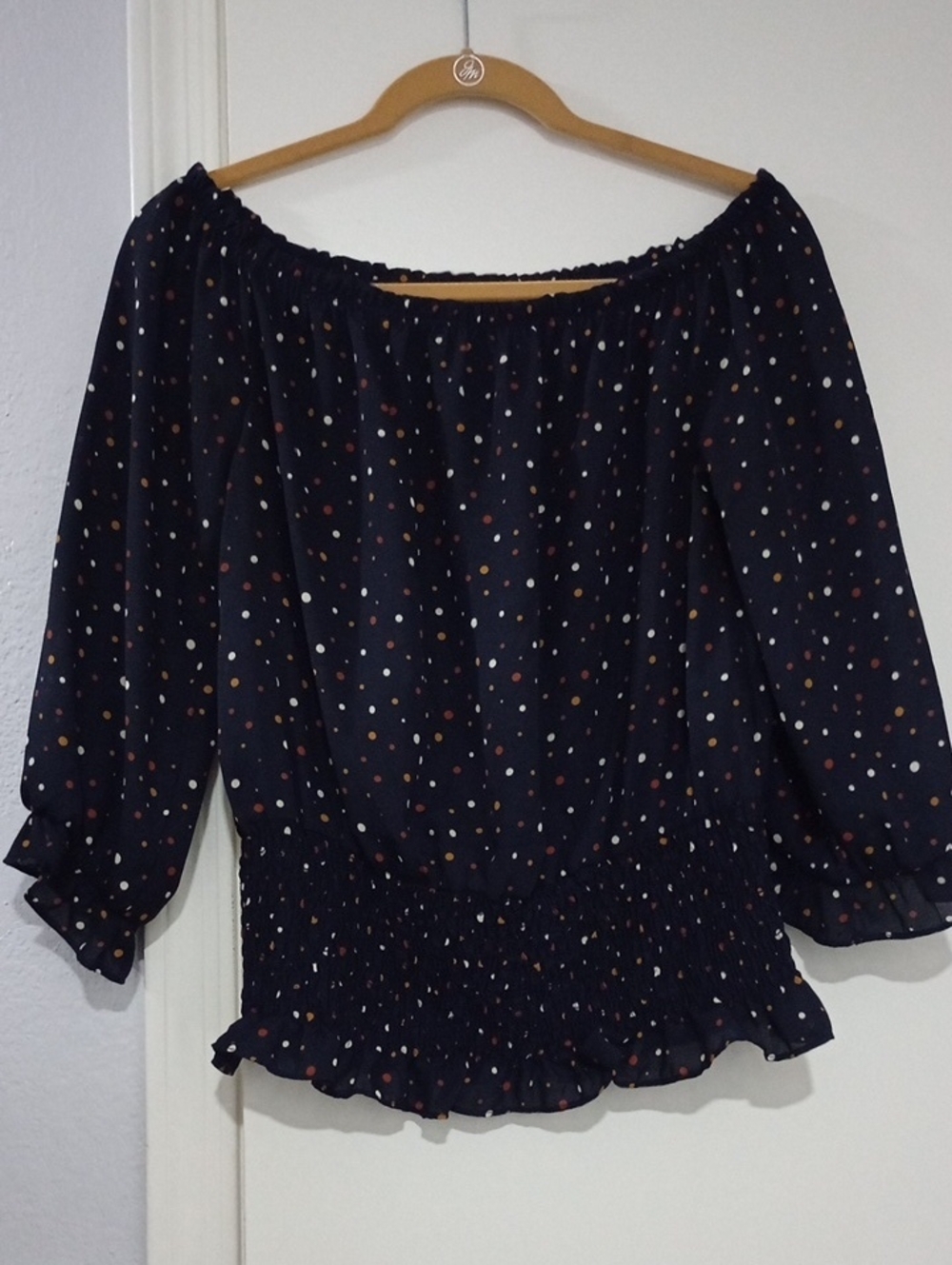 West Kei Navy Polka Dot Off-Shoulder Peasant Top Size L